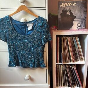 Vintage y2k Adrianna Papell Blue Beaded Embellished Sequin Sue Wong Blue Silver